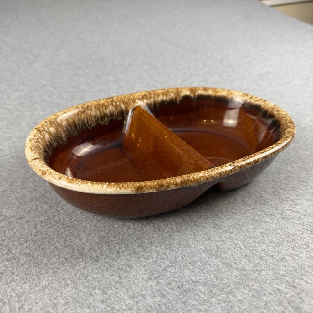 Vintage Hull Pottery H.P. Co USA Brown Drip Divided Serving Dish 7.5x10.5x2.25"